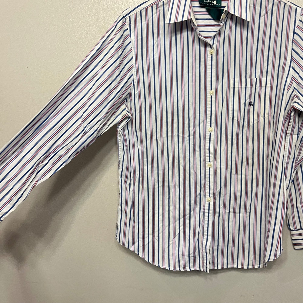 Lauren Ralph Lauren Womens M Striped Button Down Shirt Red White Blue Beach - Picture 2 of 8